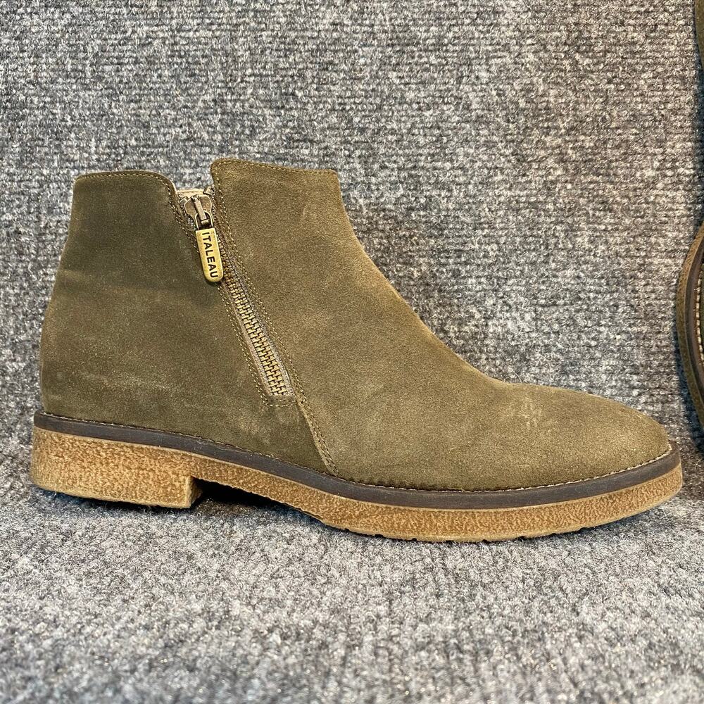 Italeau Waterproof Suede Ankle Booties Moss Green Crepe Sole Womens 10 Boots